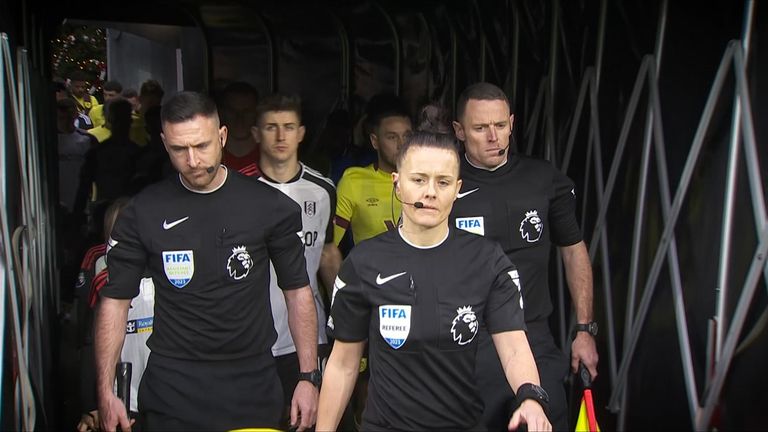 Rebecca Welch walking out to start a Premier League game between Fulham and Burnley