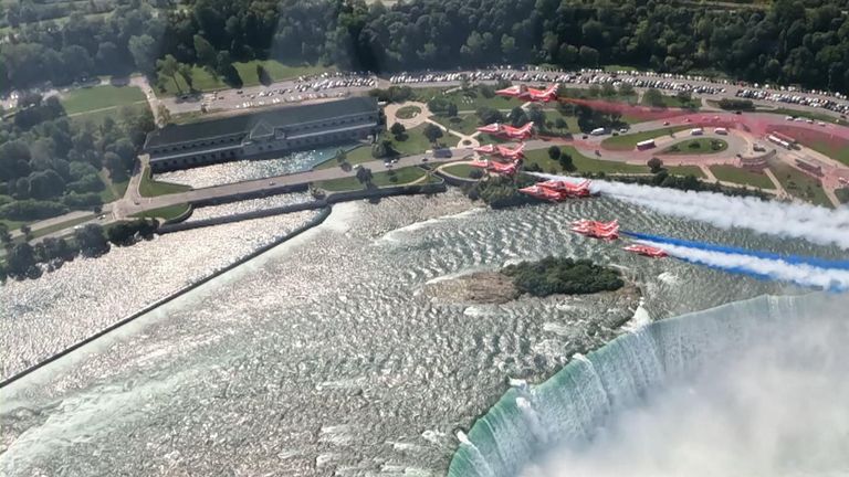 The Red Arrows performed a dramatic and colourful flypast at Niagara Falls.