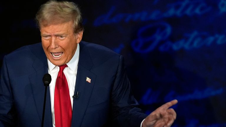 Republican presidential nominee former President Donald Trump speaks during a presidential debate with Democratic presidential nominee Vice President Kamala Harris at the National Constitution Center, Tuesday, Sept.10, 2024, in Philadelphia. (AP Photo/Alex Brandon)&#39;