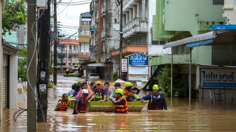 Rescue workers help stranded people from a flooded area at the border town of Mae Sai, following the impact of Typhoon Yagi, in the northern province of Chiang Rai, Thailand.
Pic Reuters