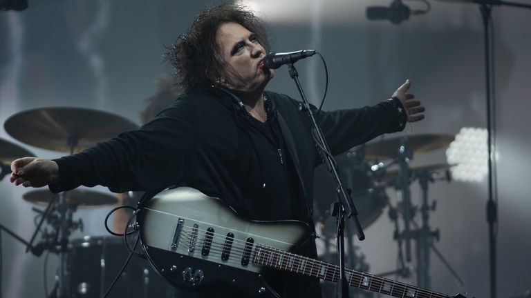 Robert Smith of The Cure performing on the Pyramid Stage on the fifth day of the Glastonbury Festival at Worthy Farm in Somerset. 2019