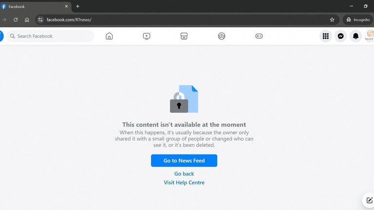 The RT News Facebook page is seen to be unavailable after Facebook owner Meta META.O banned RT, Rossiya Segodnya and other Russian state media networks from its platforms