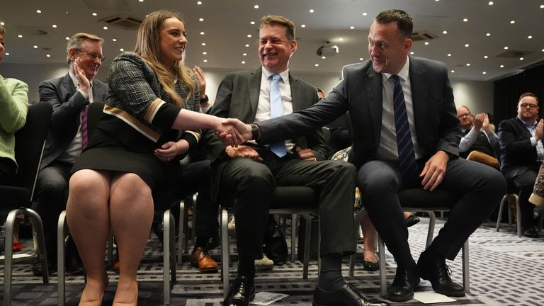 Russell Findlay (right) with Murdo Fraser and Meghan Gallacher after he is announced as new Scottish Conservatives leader, at the Radisson Hotel in Edinburgh. A leadership election was called after Douglas Ross announced he was standing down following the general election. Picture date: Friday September 27, 2024.