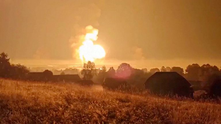 Flames rise during an explosion, amid the Russia-Ukraine conflict, in Toropets, Tver region, Russia in this screen grab obtained from a social media video released on September 18, 2024. Social Media/via REUTERS THIS IMAGE HAS BEEN SUPPLIED BY A THIRD PARTY. NO RESALES. NO ARCHIVES.