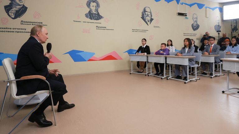 Russian President Vladimir Putin speaks to pupils at a school in Kyzyl in the Republic of Tuva. Pic: Reuters