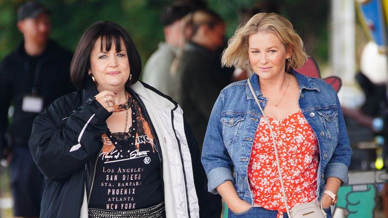 Ruth Jones, who plays Nessa Jenkins (left) and Joanna Page, who plays Stacey Shipman during filming for the Gavin and Stacey Christmas Day.
Pic: PA