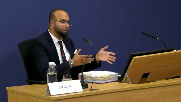 Screen grab taken from the Post Office Horizon IT Inquiry of Saf Ismail, sub-postmaster and non-executive director at Post Office Ltd, giving evidence to the inquiry at Aldwych House, central London, as part of phase seven of the probe, which is looking at current practice and procedure and recommendations for the future. Picture date: Tuesday September 24, 2024.