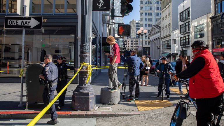 The scene of a shooting at Union Square. Pic: Santiago Mejia/San Francisco Chronicle via AP