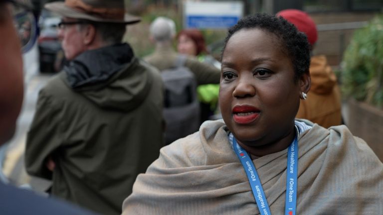 Sandra McCarthy at a protest for COVID bonuses outside of NHS Homerton Hospital