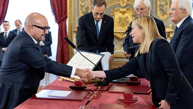 Gennaro Sangiuliano with Prime Minister Giorgia Meloni during the swearing-in ceremony in 2022. Pic: Reuters