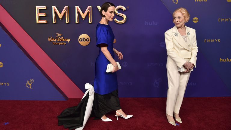 Sarah Paulson, left, and Holland Taylor arrive at the 76th Primetime Emmy Awards on Sunday, Sept. 15, 2024, at the Peacock Theater in Los Angeles. (Photo by Richard Shotwell/Invision/AP)