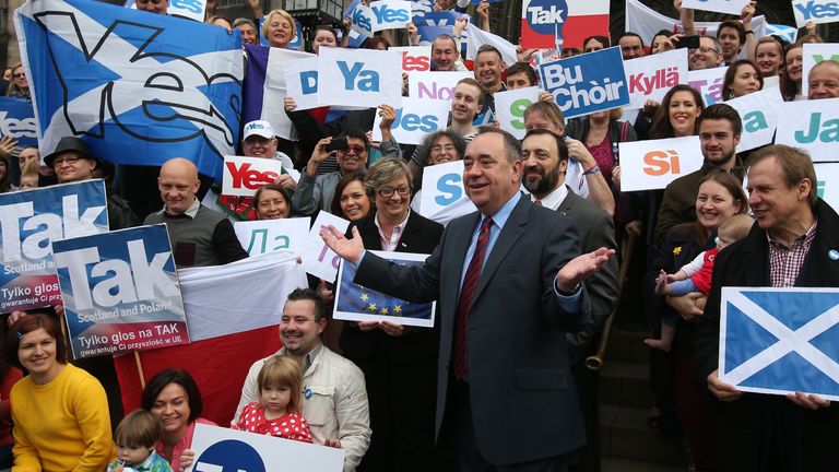 Scottish First Minister Alex Salmond as he meets with Scots and other European citizens to celebrate European citizenship and "Scotland's continued EU membership with a Yes vote" at Parliament Square in Edinburgh.