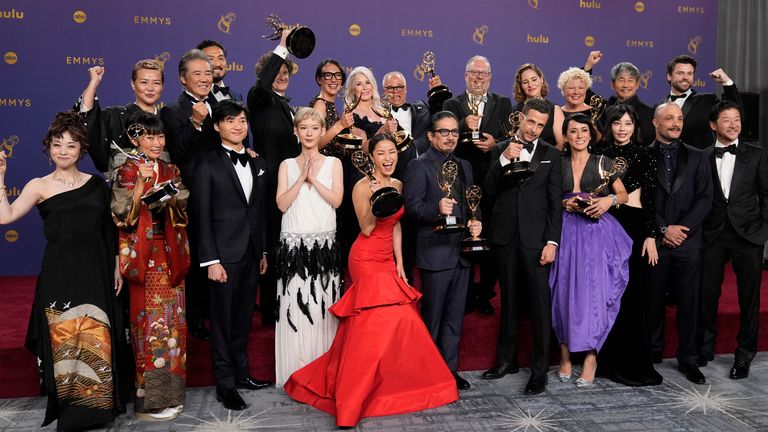 The cast and crew of Shogun celebrate their record-breaking Emmy win. Photo: AP Photo/Jae C Hong