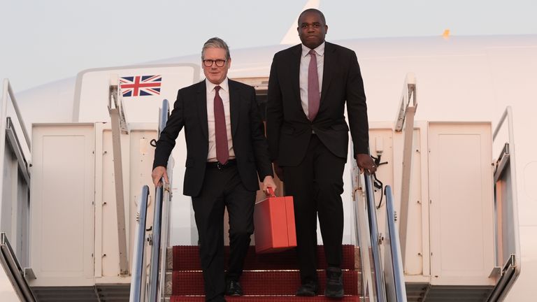 Sir Keir Starmer and David Lammy arrive at Joint Base Andrews Airport, Washington DC. Pic: PA