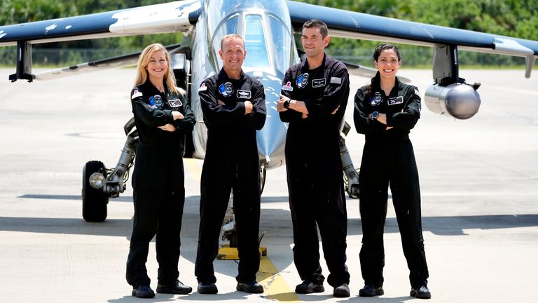 Astronauts from left, mission specialist Anna Menon, pilot Scott Poteet, commander Jared Isaacman and mission specialist Sarah Gillis. Pic: AP