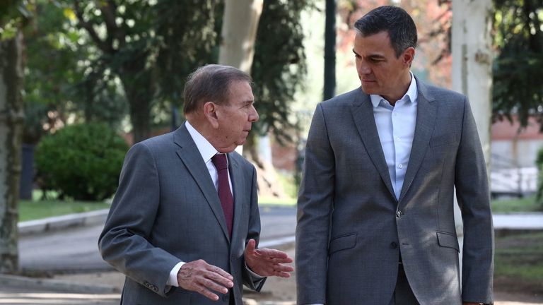 Spain's Prime Minister Pedro Sanchez (right) meets with Venezuela's presidential candidate Edmundo Gonzalez after he fled his home country. Pic: Reuters