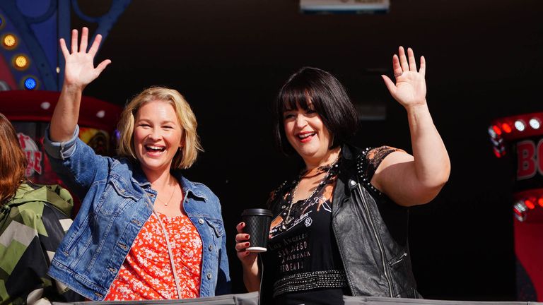 Joanna Page, who plays Stacey Shipman (left) and Ruth Jones, who plays Nessa Jenkins (right) during filming for the Gavin and Stacey Christmas Day special.
Pic:PA