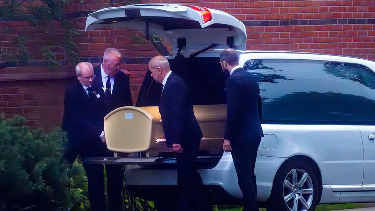 Sven-Goran Eriksson's coffin arrives at the funeral. Pic: AP