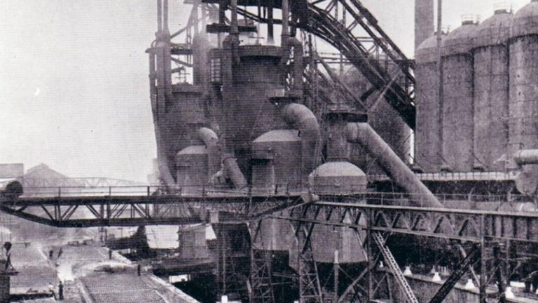 Image from the 1920s of the first 2 blast furnaces at the UK's biggest steel works in Port Talbot, South Wales
