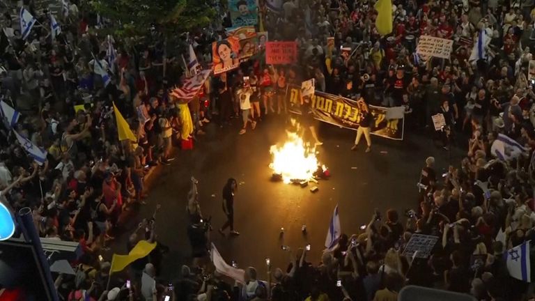 Thousands protest in Tel Aviv over government's failure to secure return of all hostages in Gaza