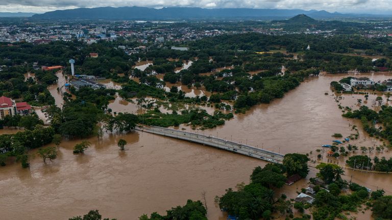 A drone view shows a flooded area following the impact of Typhoon Yagi, in the northern province of Chiang Rai, Thailand, September 12, 2024. REUTERS/Anupong Intawong