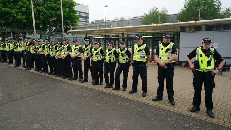 Police officers during a protest by pro-Palestine campaigners outside the Thales factory in Govan, Glasgow, as part of a call for an end to arms sales to Israel. Picture date: Wednesday May 15, 2024.