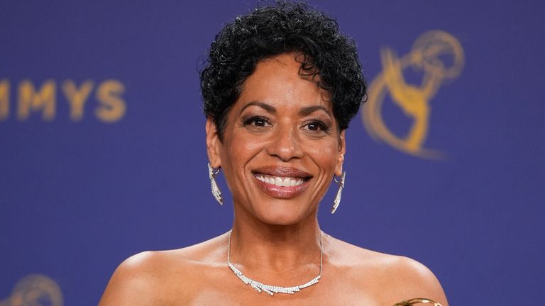 Liza Colon-Zayas poses in the press room with the award for Best Supporting Actress in a Comedy Series for "The Bear" during the 76th Primetime Emmy Awards on Sunday, September 15, 2024, at the Peacock Theater in Los Angeles. (AP Photo/Jae C. Hong)