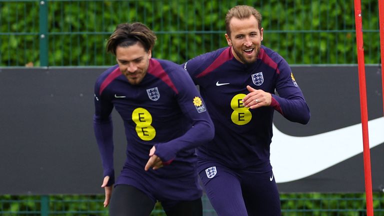 England's Jack Grealish with Harry Kane during training.
Pic: Reuters