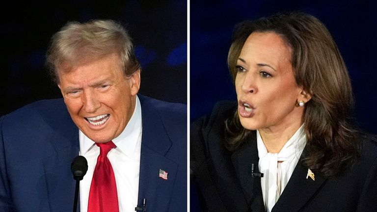 This photo combination shows former President Donald Trump, Republican presidential nominee, left, and Democratic running mate, Vice President Kamala Harris, during an ABC News presidential debate at the National Constitution Center, on Tuesday, September 10, 2024, in Philadelphia. (AP Photo/Alex Brandon)