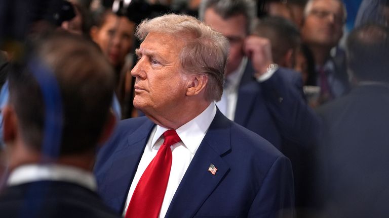 Republican presidential nominee former President Donald Trump speaks to reporters in the spin room after a presidential debate with Democratic presidential nominee Vice President Kamala Harris, Tuesday, Sept. 10, 2024, in Philadelphia. (AP Photo/Matt Slocum)