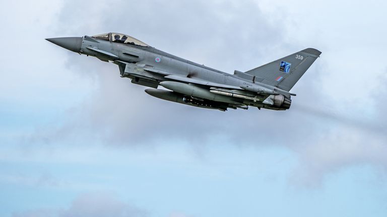 An RAF Typhoon jet takes off on a training exercise at Amari Airbase in Estonia. Here a squadron of RAF Eurofighter Typhoon jets are deployed for Operation Azotize, Nato's Baltic air policing mission to police the airspace over Nato's eastern border. Picture date: Wednesday July 26, 2023.