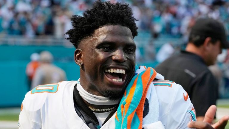 Miami Dolphins wide receiver Tyreek Hill gestures after an NFL football game against the Jacksonville Jaguars, Sunday, Sept. 8, 2024, in Miami Gardens, Fla. The Dolphins defeated the Jaguars 20-17. (AP Photo/Wilfredo Lee)


