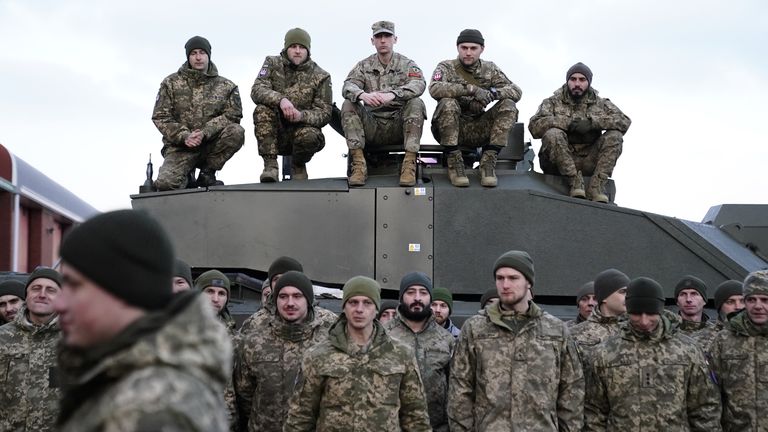 Ukrainian soldiers being trained to command Challenger 2 tanks at a military facility in the south of England, February 2023. Pic: PA