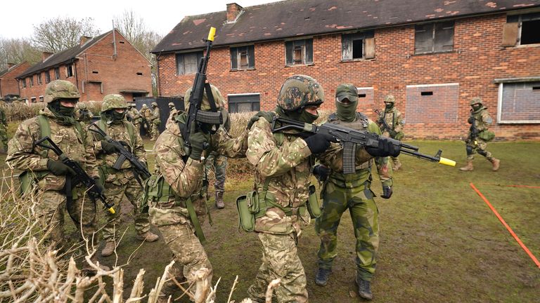 Ukrainian soldiers take part in urban training at a military training camp in Yorkshire. Pic: PA