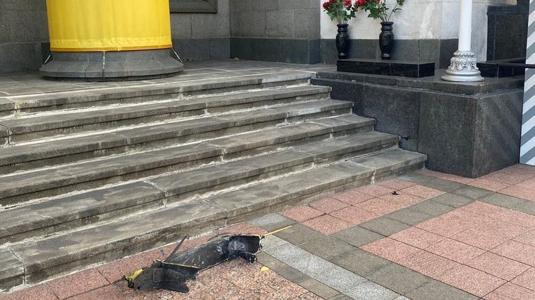 Remnants of a Russian kamikaze drone on the steps of the Ukrainian parliament building in Kyiv on Saturday. Pic: Reuters