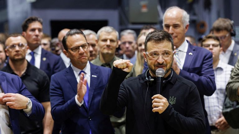 Mr Zelenskyy speaking during his visit to the plant. Pic: Reuters