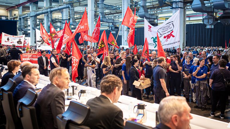 Volkswagen employees meet in Wolfsburg to hear about company fortunes and possible plant closures.
Pic: Reuters
