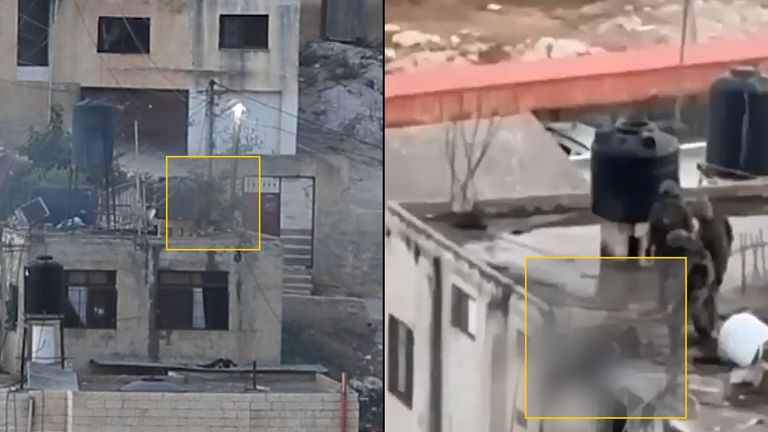 A soldier kicks the third body five times before it falls from the building with the footage from AP on the left and footage posted online on the right. 