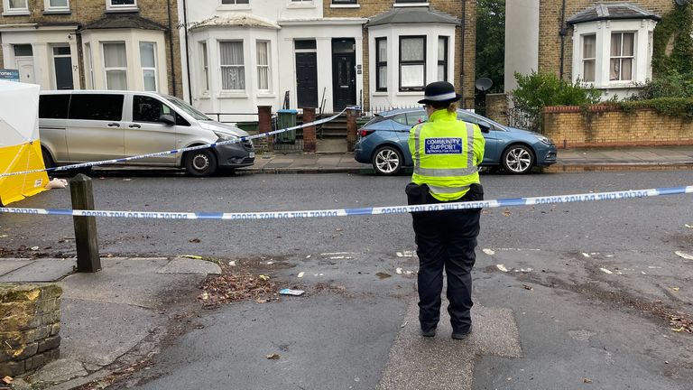 A Metropolitan Police officer stands next to a police cordon and a forensic tent on Paget Terrace, near the scene in Eglinton Road, Woolwich, south-east London, where a teenager was stabbed to death on Sunday. Date taken: Monday, September 23, 2024.