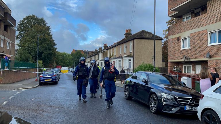 Officers from the Metropolitan Police's Territorial Support Group at the scene in Eglinton Road, Woolwich, south-east London, where a teenager was stabbed to death on Sunday. Date taken: Monday, September 23, 2024.