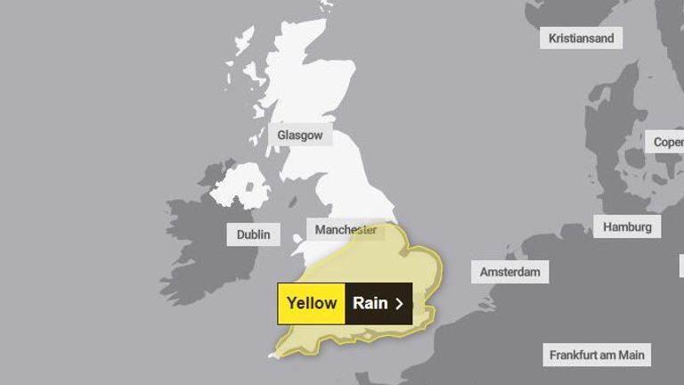 The yellow warning in place on Sunday. Pic: Met Office