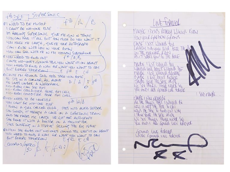 EMBARGOED TO 0001 FRIDAY SEPTEMBER 6 Undated handout photo issued by Propstore of Supersonic lyrics handwritten by Noel Gallagher (left) and Noel and Liam Gallagher autographed Live Forever lyrics. Noel Gallagher's psychedelic golf buggy and Liam Gallagher's tambourine are among a host of Oasis memorabilia going to auction. More than 60 lots will be on offer at the Propstore online Entertainment Memorabilia Live Auction in November. Issue date: Friday September 6, 2024.