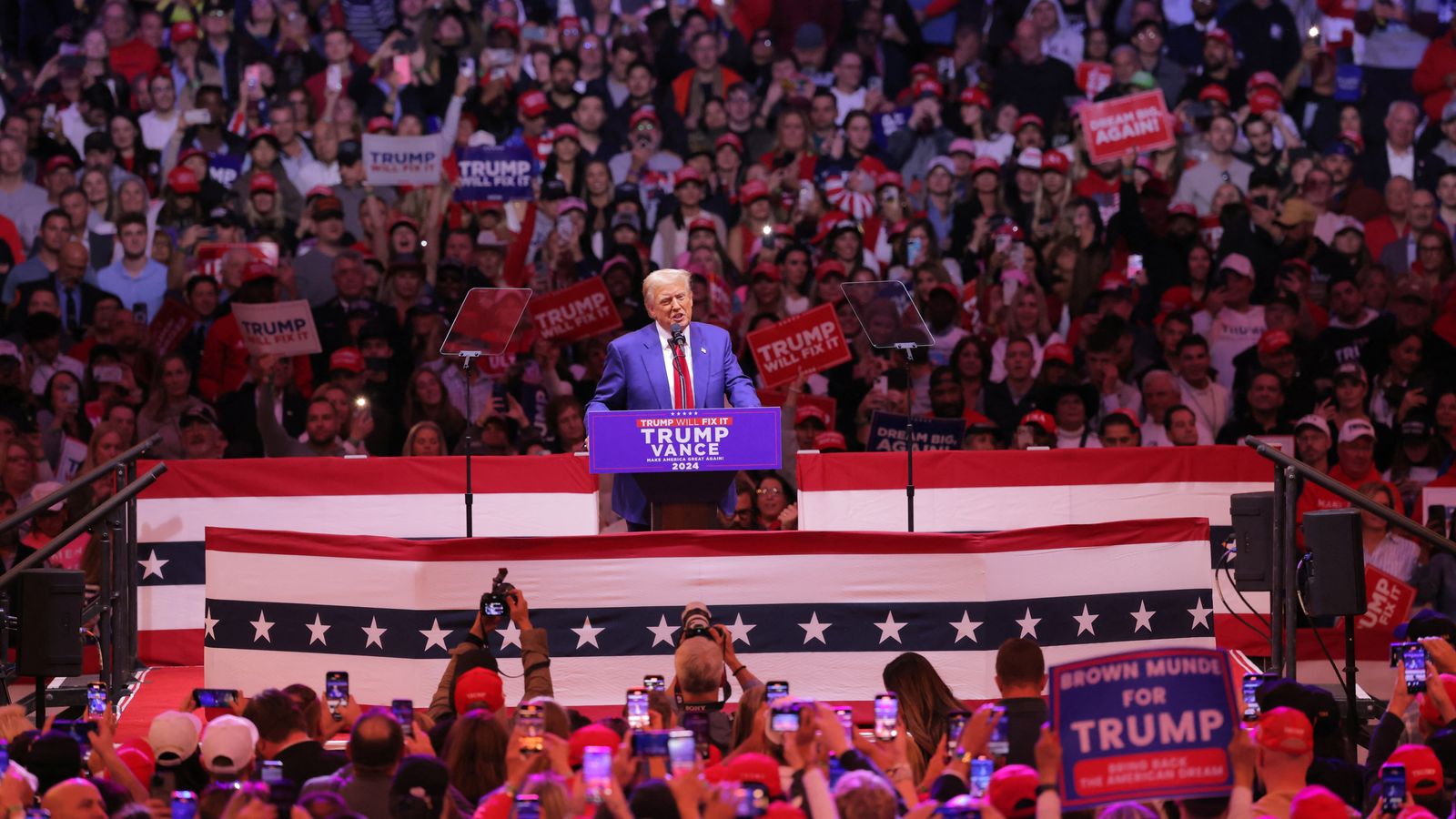 US election latest: Donald Trump holds rally at iconic New York venue – as Kamala Harris hits must-win state