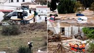 (Clockwise) Guardia Civil rescue a person trapped by flooding in Malaga, cars after being caught in floodwater in Malaga and emergency services recover a body in Albacete.
Pic: AP