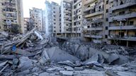 Buildings have been destroyed by Israeli airstrikes in Dahieh, Beirut. Pic: AP/Bilal Hussein