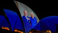 The Sydney Opera House sails show photos of King Charles and Queen Camilla.
Pic: AP