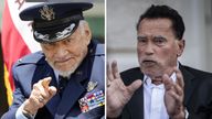 Buzz Aldrin and Arnold Schwarzenegger. Pics: AP