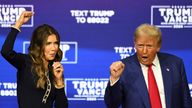Donald Trump and South Dakota Governor Kristi Noem dance during a town hall campaign event in Oaks, Pennsylvania.
Pic:Reuters