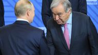 Vladimir Putin and Antonio Guterres shake hands during family photo ceremony prior to Outreach/BRICS Plus format session.
Pic: AP