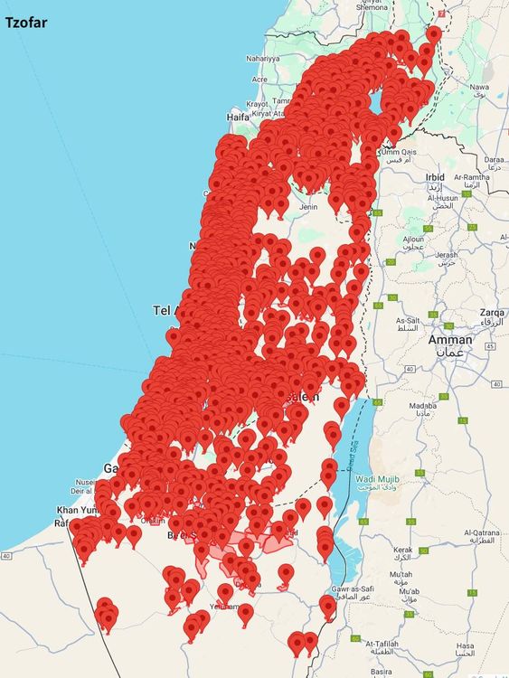 map of siren alerts in Israel on 1/10/2024 